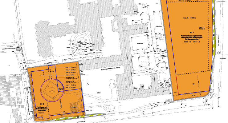 Bebauungsplan zur Errichtung eines Ärztehauses und einer Hochgarage mit Hubschrauberlandeplatz. Im Auftrag des Kreiskrankenhauses und der Bauherrenschaft Dr. Werner/Dr. Schweikert, 2003/2004. 